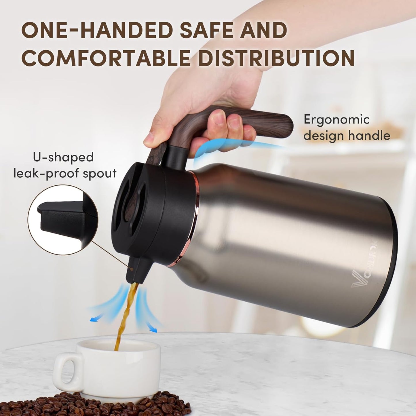 Vondior Coffee Carafe 65oz - 36 Hours Thermal Coffee Thermos- Insulated 304 Stainless Steel Hot Beverage Dispenser - Coffee Carafes For Keeping Hot/Cold Coffee, Tea, Water, Drink Dispenser for Parties