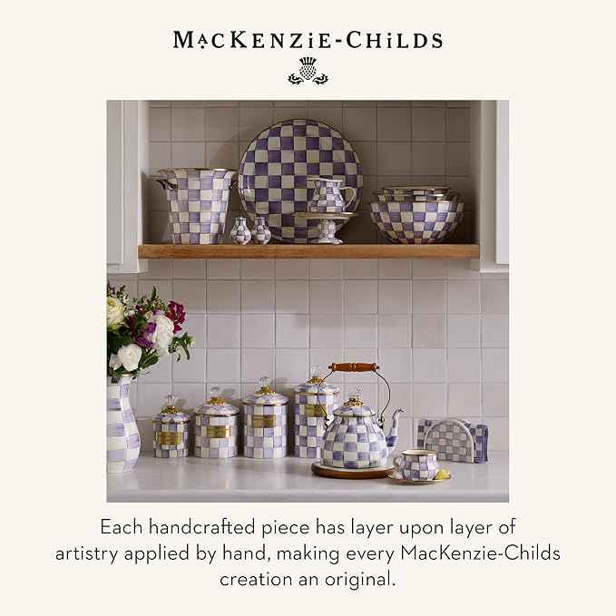 MACKENZIE-CHILDS Enamel Salt and Pepper Shakers, Kitchen Table Accessories, Large, Purple-and-White Violet Check
