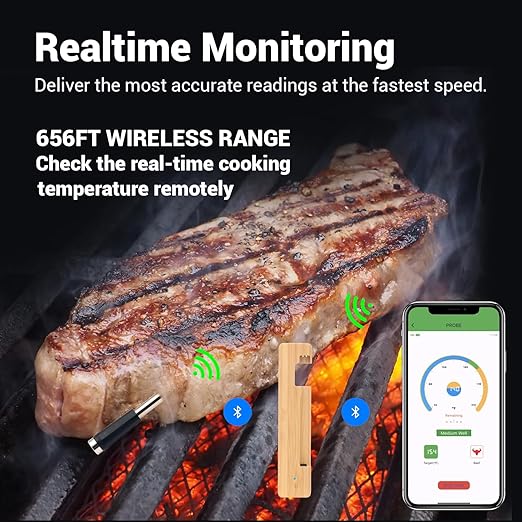 Wireless Meat Thermometer Digital, Long Range Bluetooth 5.2 with App Control, Compatible with iOS & Android, IP68 Waterproof, Fast Charging & Magnetic Smart Food Thermometer for Oven Grill BBQ Smoker