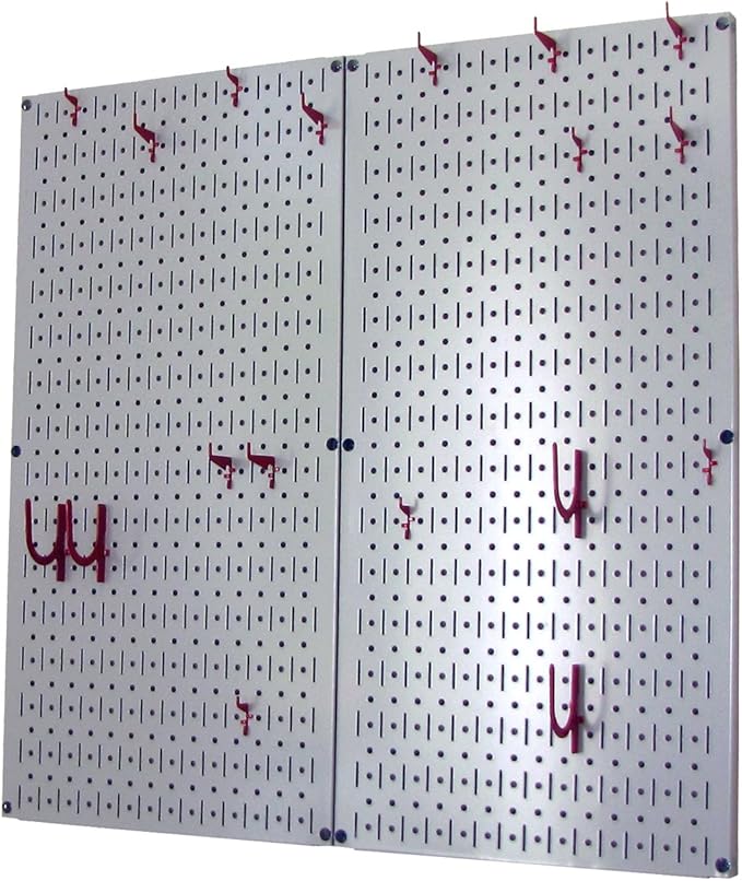 Wall Control Kitchen Pegboard Organizer Pots and Pans Storage Rack Organization Kit with Grey Pegboard and Red Accessories