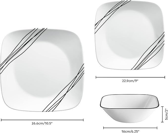 Corelle Dinnerware Set (12pc, Simple Sketch)-Dinner for 4 Includes x: Dinner Plates, Side & Bowls 3 X More Durable, Half The Space Weight of Ceramic up to 80% Recycled Glass, 1146920