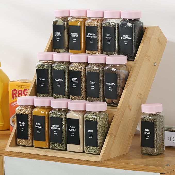 36 Glass Spice Jars with Labels, Spice Jar Set, 4oz Seasoning Containers, Spice Containers with Pink Airtight Lids and Shaker Lids, Square Empty Spice Bottles, 492 Labels, 1 Funnel