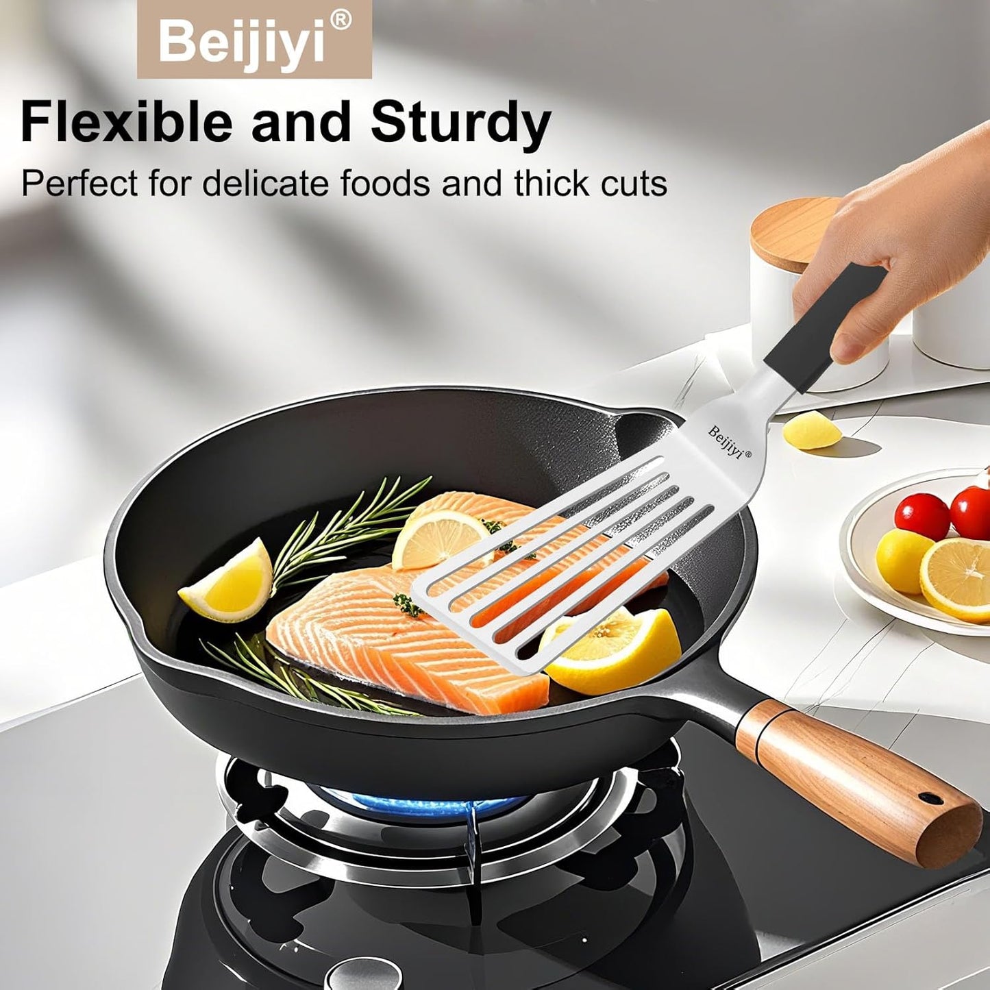 Beijiyi 13.3" Fish Spatula Stainless Steel, Fish Turner with Silicone Handle and Beveled Edge, Thickened Metal Kitchen Slotted Spatula for Cast Iron Skillet Cooking, Flipping and Grilling