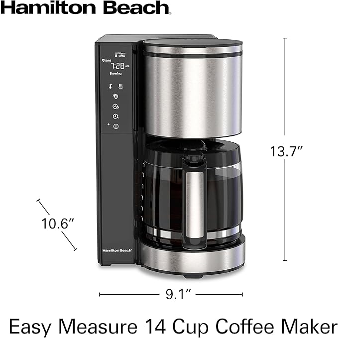 Hamilton Beach 14 Cup Programmable Coffee Maker with Easy Measure Light Up Reusable Filter, Removable 70 Oz. Water Reservoir, Black and Stainless Steel