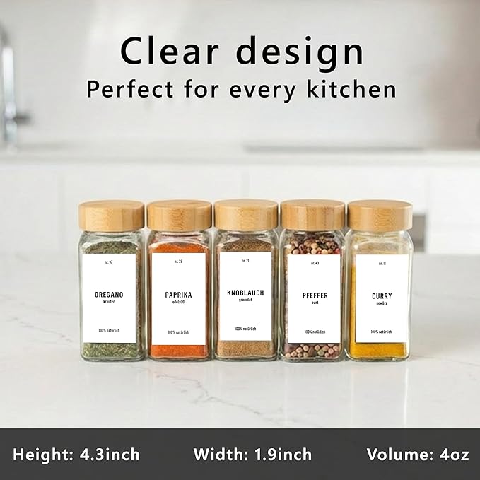 Deco haus Glass Spice Jars with Label 36x4oz [WHITE LABELS incl] Spice Containers with Labels, Shaker Lids & Funnel - Empty Herb Seasoning Containers, Small Seasoning Bottles for Herb with Lid