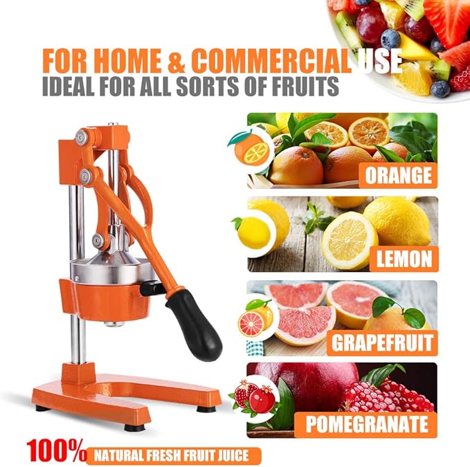 Commercial Heavy Duty Cast Iron Hand Press Manual Orange Citrus Lemon Lime Grapefruit Pomegranate Fruit Juice Squeezer Machine with Stainless Steel Cup