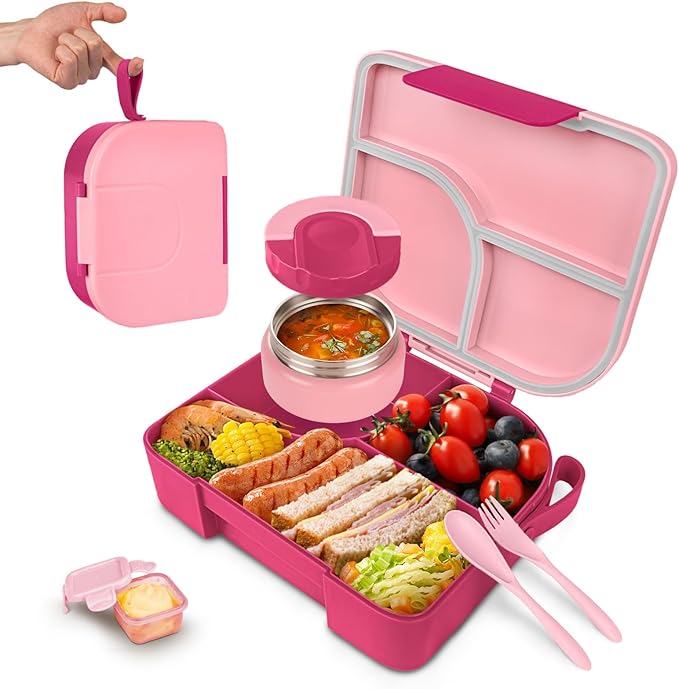 TinyPalsa Bento Box for Kids with 10oz Thermos, Durable Lunch Box with Leak Proof Insulated Food Jar, 3 Compartments with Portable Handle for Ages 3+, Dishwasher Safe, Ideal for School, Travel (Pink)