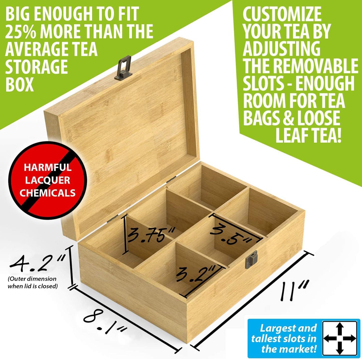 Tea Organizer Box Food Safe Chemical Free Bamboo Storage Chest Tall, Adjustable Cubbies (6-Slot 11" x 8.1" x 4.2" Blank)
