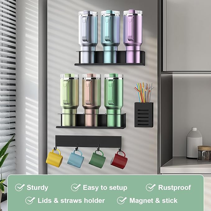 Magnetic Cup Holder for Refrigerator, Water Bottle Organizer for Stanley and Tumbler, Accessory with Lid Hook Straw Holder and Double Sided Tape for Kitchen Fridge Cabinet