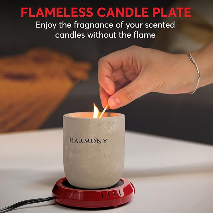 Large Candle Warmer Plate Safely Releases Scents Without a Flame - Used as Candle Jar & Coffee Warmer for Home & Office, 1 Pack, Red
