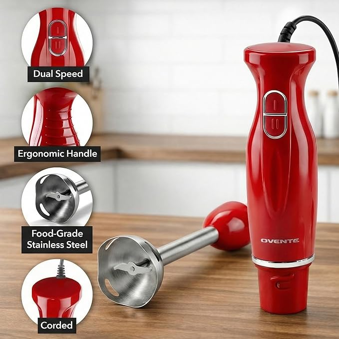 OVENTE Immersion Hand Blender, 300W Electric Handheld Stick Mixer with 2 Mixing Speeds and Stainless Steel Blades for Smoothies, Purees & Baby Food, Red HS560R