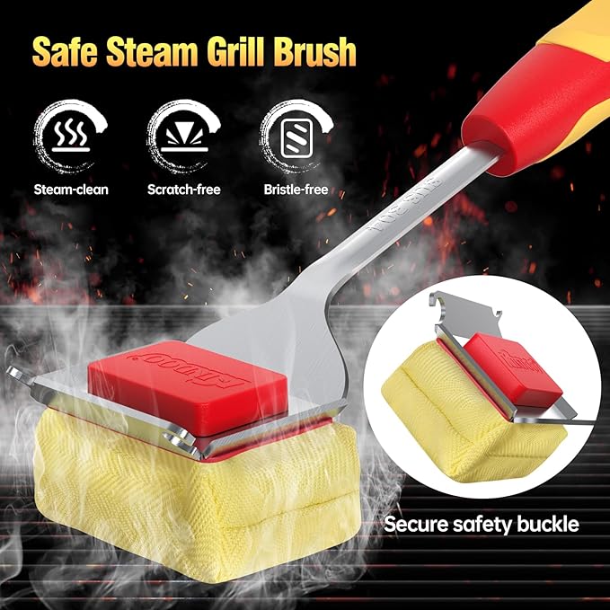 Grill Cleaning Brush Bristle Free Outdoor 19inch Extended Handle Grill Cleaner Brush for Cast Iron Stainless-Steel Grates, Replaceable BBQ Cleaning Brush Head, Steam Safe Grill Brush with Scraper, Red
