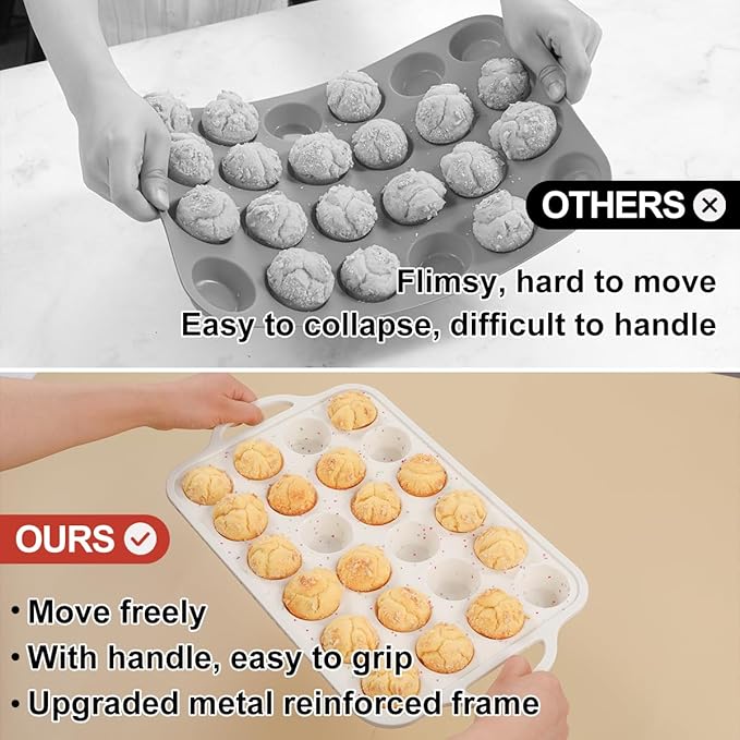 CAKETIME Mini Cupcake Pans, Metal Reinforced Frame Silicone Mini Muffin Pan Nonstick 24 Cups Easy to Handle for Baking Muffins, Cupcakes, Egg Bites 1 Pack