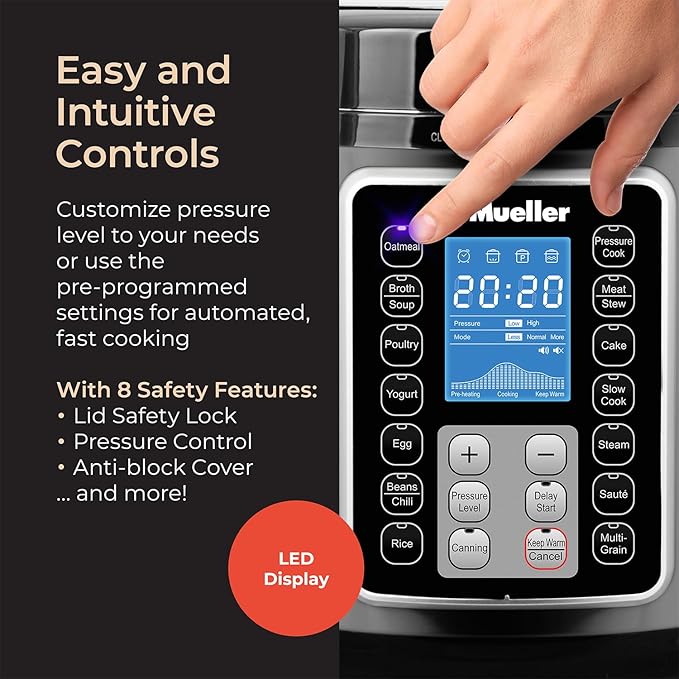 Mueller 6 Quart Pressure Cooker 10 in 1, Cook 2 Dishes at Once, Tempered Glass Lid incl, Saute, Slow Cooker, Rice Cooker, Yogurt Maker and Much More