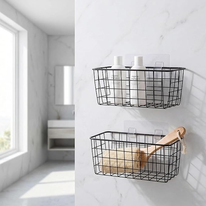 2 Set Adhesive Hanging Wall Basket Inside Cabinet Door Organizer,Wall Storage Basket-No Drilling Adhesive wall Basket for Cupboard Door,Space-Saving Small Hanging Baskets for Wall Mount Storage,Black