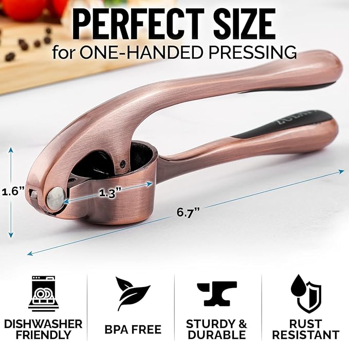 Premium Garlic Press Stainless Steel - Elevate Your Culinary Experience with Our Premium Garlic Mincer, Crusher & Peeler Set, Dishwasher Safe & Rust-proof (Bronze)