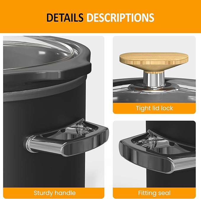 SUNVIVIPRO Small Slow Cooker with Removable Ceramic Pot, Food Warmer with 3 Heating Settings & Dishwasher Safe Glass Lid, Grey