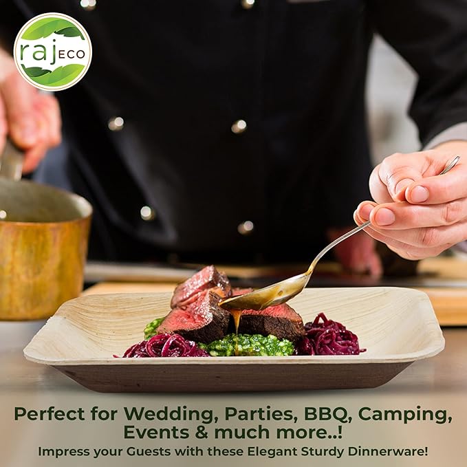 Raj Palm Leaf Plates Plates like Bamboo plates Disposable, Decorative Compostable Tableware for wedding, Lunch, Dinner, Birthday, Camping, Outdoor BBQ, Picnic (9.5"x50 7"x50 (100 Pack))