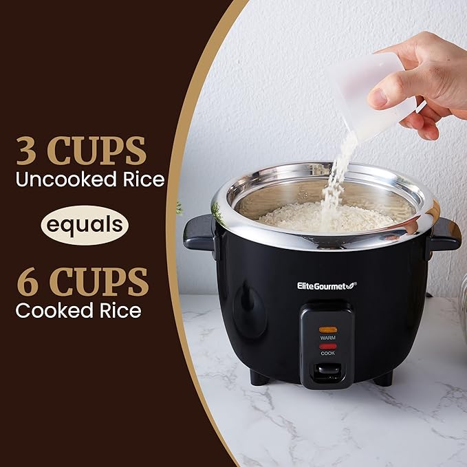 Elite Gourmet ERC006SS 6-Cup Electric Rice Cooker with Stainless Steel Inner Pot, Makes Soups, Stews, Porridges, Grains and Cereals, 6 cup (3 cups uncooked), Black