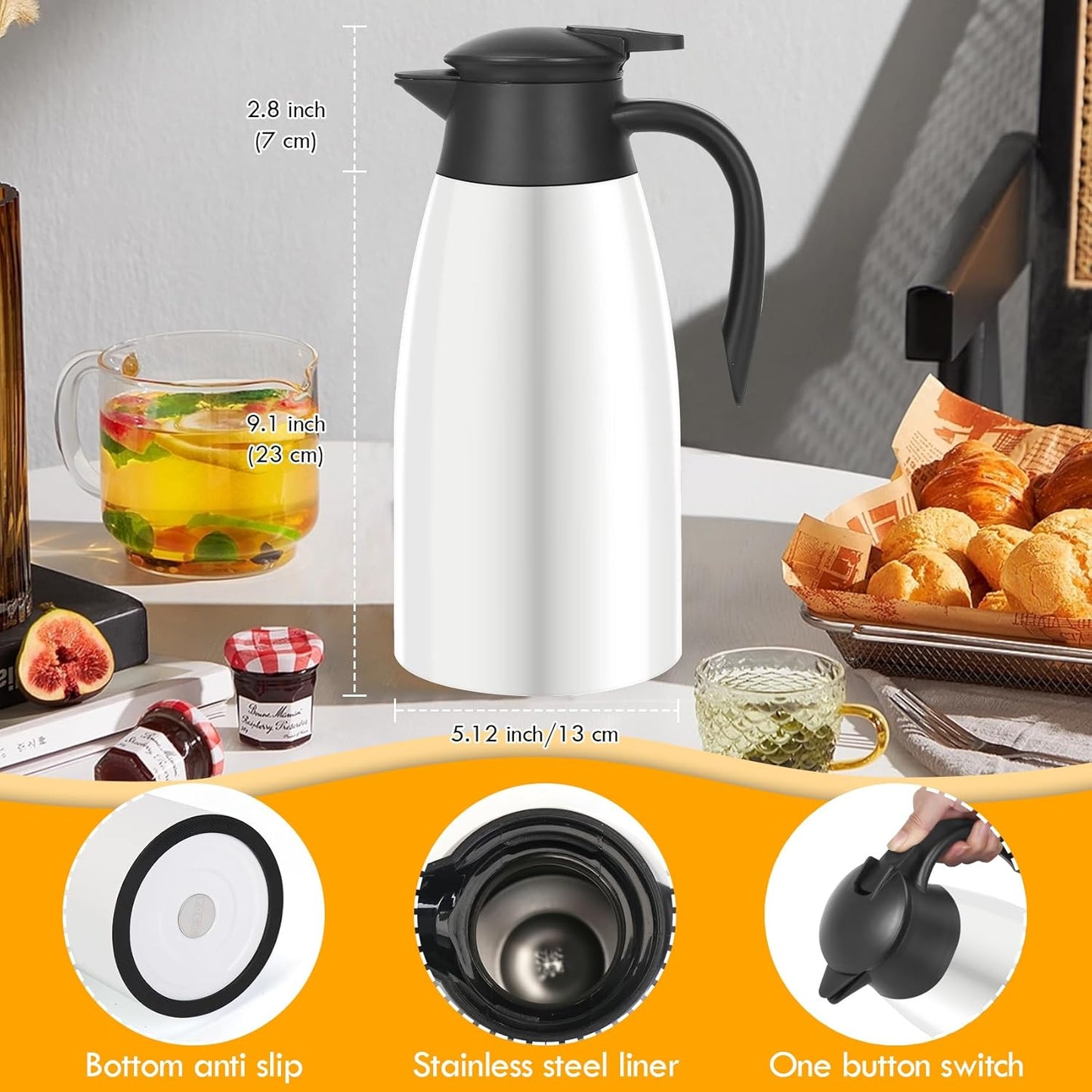 70oz Thermal Coffee Carafe Insulated Coffee Thermos Airpot, Stainless Steel Coffee Carafes Urn For Keeping Hot, Double Walled Insulated Vacuum Flask, Hot Beverage Drink Tea Coffee Dispenser, White
