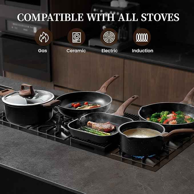 Kikcoin 16Pcs Pots and Pans Set Nonstick Ceramic Cookware Sets Induction Kitchen Cooking Set Non toxic Healthy Non Stick w/Grill Pan, Saute Pan, Black