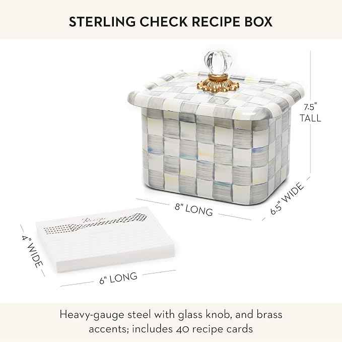 MACKENZIE-CHILDS Enamel Recipe Box, Index Card Box with Lid, Includes 40 Recipe Cards, Gray-and-White Sterling Check