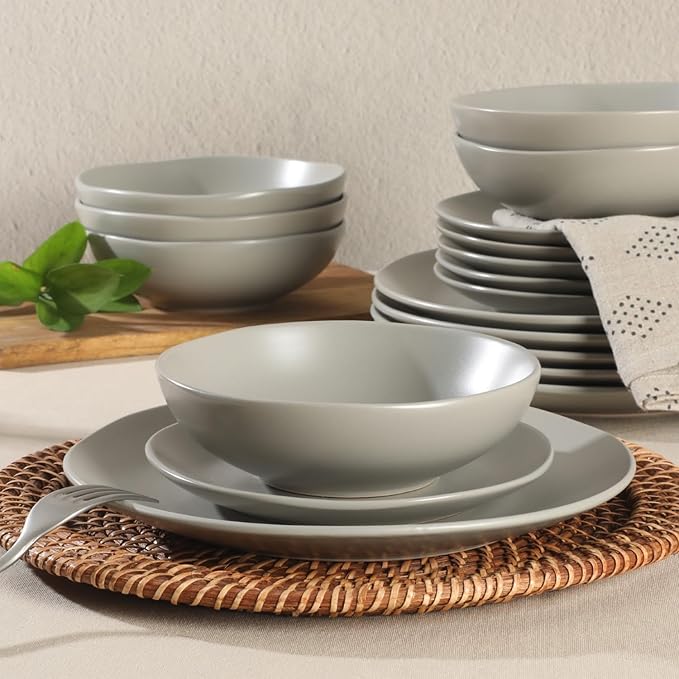 Gibson Home Bethel 18 Piece Plates and Bowls Ceramic Stoneware Organic Shape Dinnerware Set (Service for 6) - Matte Grey