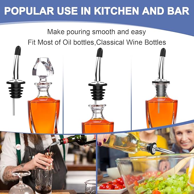 36-Pack Stainless Steel Pour Spouts for Liquor Bottles, Oil, Vinegar, and Wine – Liquor Bottle Pourers with Rubber Dust Caps – Bar Pourers for Bartending