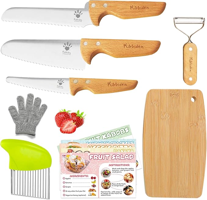 Kibbidea Kids Safe Knife set for Real Cooking, 11-Piece Kids Cutting Board & Kitchen Knife Set, BPA-free, Stainless Steel Blade, Wooden Handle, Peeler & Gloves, Serrated Child Friendly Chef Knives.