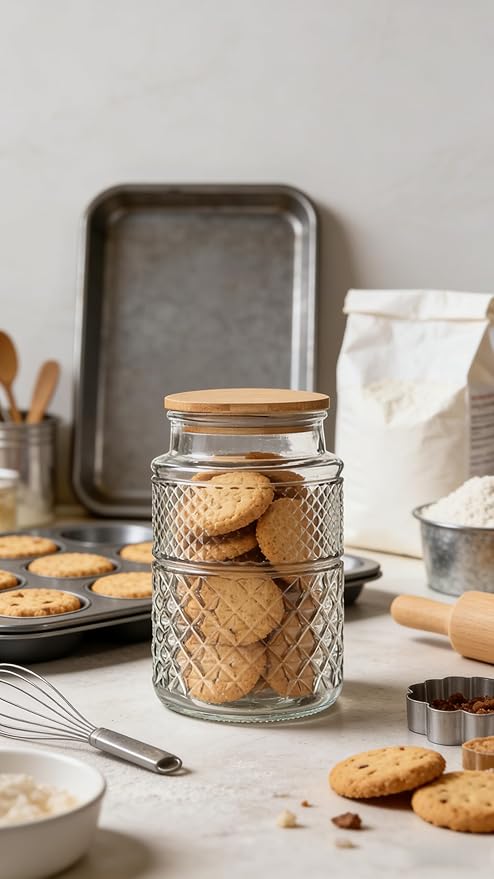 Large Glass Storage Jar, 2 Pack 60 FL OZ Glass Food Storage Containers with Bamboo Lid, Kitchen Laundry Room Organization Decorative Jar for Candy Cookies Coffee Beans Flour Nuts Airtight Glass Jars