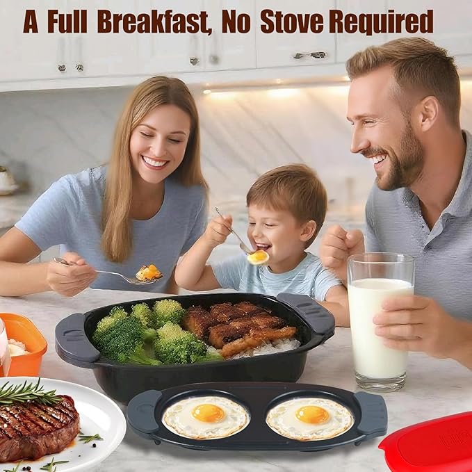 MKYSAIL Quick-Heat Microwave Egg Cooker and 33 OZ Microwave Grill Combo | 2-Piece Breakfast Maker Set for Grilling, Frying, Crisping Meat, Bacon, Pancakes & Veggies | Dishwasher Safe & Non-Stick for Kitchen RV, Dorm, Office(Red)