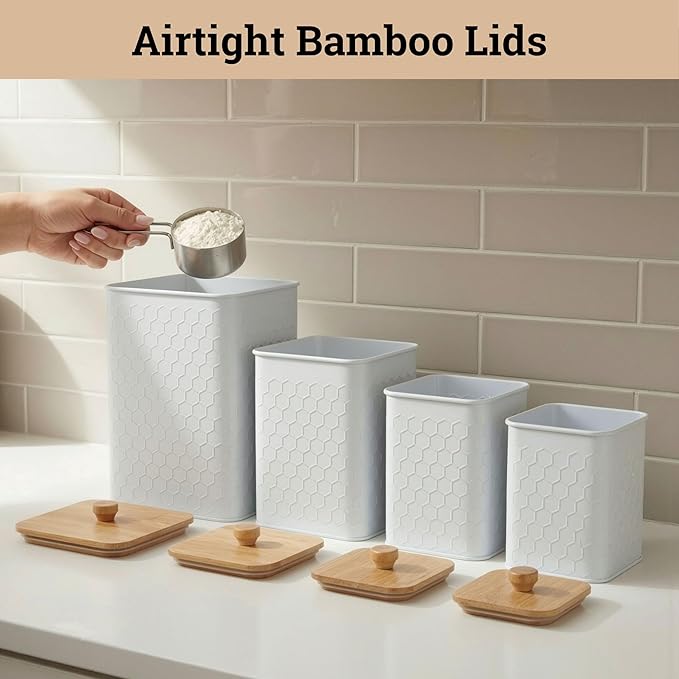Kitchen Canisters for Countertop Set of 4 - Textured Iron Kitchen Canisters with Airtight Lids - Flour Sugar Canister Set - Flour and Sugar Containers Farmhouse - Coffee Jar for Counter - White Jar x4