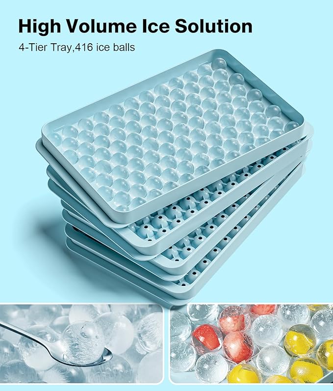 Mini Ice Cube Trays for Freezer - 0.6 IN Tiny Round Pebble Nugget Ice Mold Trays with Lid and Bin, Crushed Ice Trays Makes 104x4 pcs Ice balls - Easy Release Ice Maker for Cocktails, Drinks, Whisky