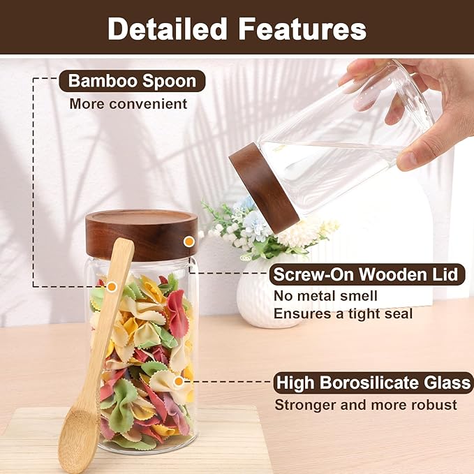 Glass Jar with Wood Lid, 2 Pack 19oz Glass Canister with Airtight Lids, Wide Mouth Screw Top Mason Jars for Sugar, Coffee, Tea, Oatmeal, Cereal, Bean, Candy - 3.1 x 5.9 inch Seasoning Bottle