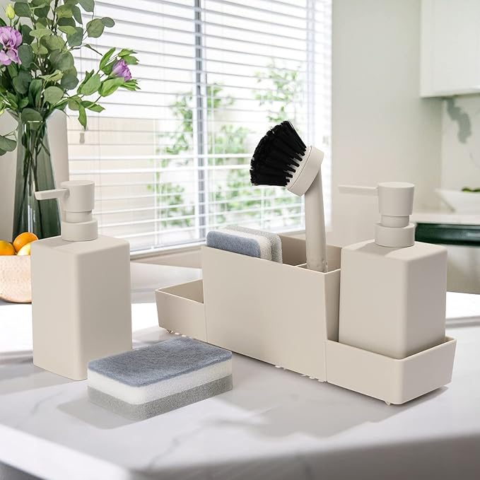 Kitchen Soap Dispenser with Sponge Holder Set for Sink Caddy, Hand Soap and Dish Soap Dispenser with Brush Matte Beige