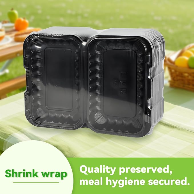Plastic Containers Mineral Filled PP - 50 Pack 9x6 27 oz Shrink Wrap BPA Free | Stackable Meal Prep Clamshell Food Container | Reusable Microwave Safe Leftovers Takeout | Catering To Go Box
