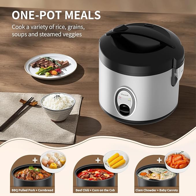 Macook Stainless Steel Rice Cooker with Steamer, 4-Cup Uncooked (1.0L)/8-Cup Cooked, Electric Grain & Vegetable Cooker, Auto Keep Warm for Oatmeal, Soups & Multicooking