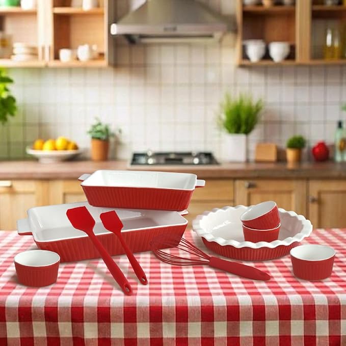 GOURMETEDGE 10-Piece Stackable Ceramic Bakeware Set - Ideal Mother's Day Gift, Non-Toxic Non-Stick Oven Safe, PFOA & PFOS Free, Includes Baking Dishes, Pie Plate, Ramekins & Silicone Tools (Red)