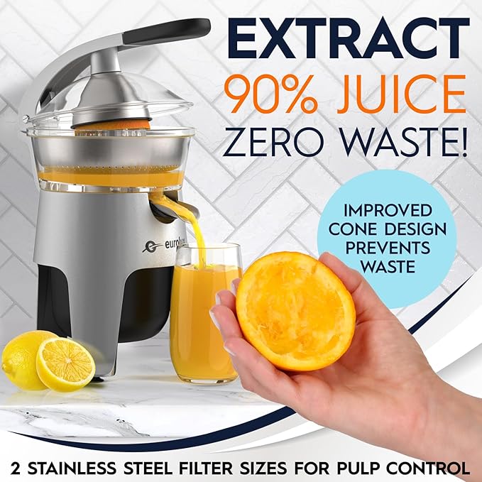 Eurolux Die Cast Stainless Steel Electric Citrus Juicer Squeezer, for Orange, Lemon, Grapefruit | 300 Watts of Power, With 2 Stainless Steel Filter Sizes for Pulp Control