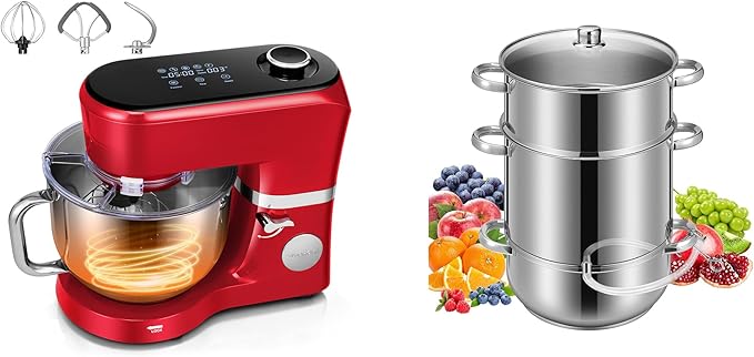 VIVOHOME Stand Mixer with Fermentation, One-Touch Presets, and 6 Qt Bowl, Red, and VIVOHOME Stainless Steel Juicer Steamer Pot 11 Qt with Tempered Glass Lid