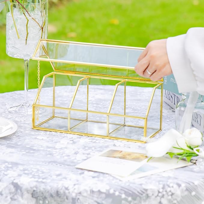NCYP Glass Tea Bags Organizer with Lid, Small 3 Slots Teabag Storage Box, Indoor Counter Teabag Display Case, Kitchen Cabinet Gold Decor, 8.7 x 3.6 x 3.66 Inches (Glass Box Only)