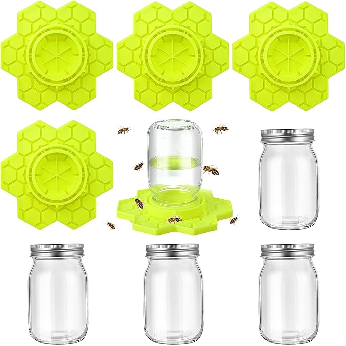4 Pack Bee Feeder for Mason Jar Bee Watering Station Garden Silicone Sugar Water Feeder Beekeeping Drinking Equipment Tools with Mason Jars for Drinking Water(Yellow,Flower)