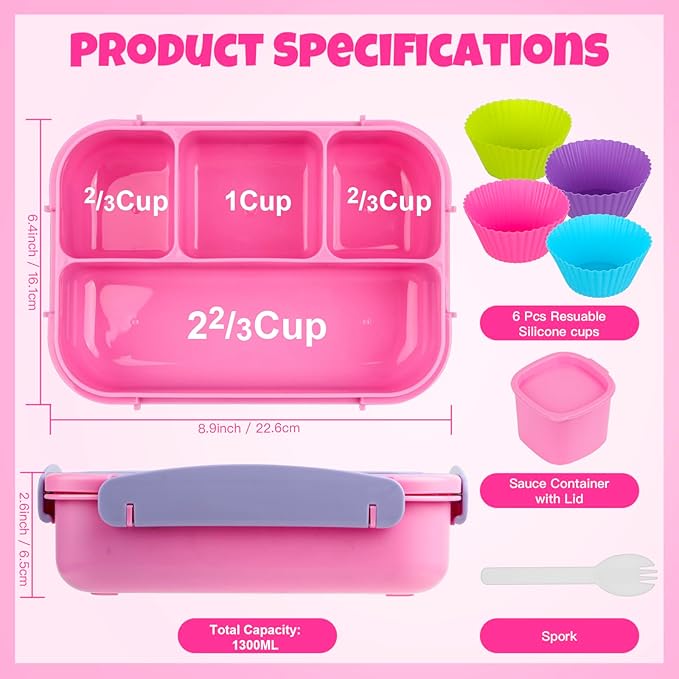 MaMix Bento Box Adult Lunch Box, Lunch Box Kids, Lunch Containers for Adults/Kids/Students,1300ML-4 Compartment Bento Box (purple)