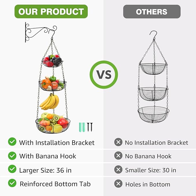 HULISEN 3 Tier Hanging Fruit Basket with Banana Hook, 36-Inch Heavy-Duty Wire Hanging Baskets for Kitchen Storage, Vegetable Produce Organizer (Including Installation Bracket)