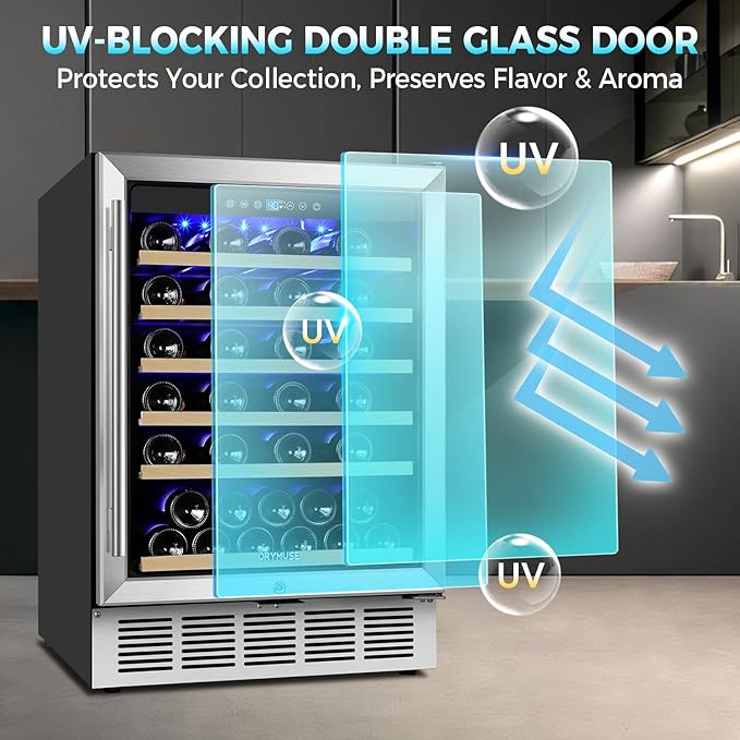 ORYMUSE 24 Inch Wine Fridge, 54 Bottle Wine Cooler Refrigerator with Stainless Steel Glass Door, LED Display, Upgraded Compressor, Built-In or Freestanding for Home Bar Kitchen