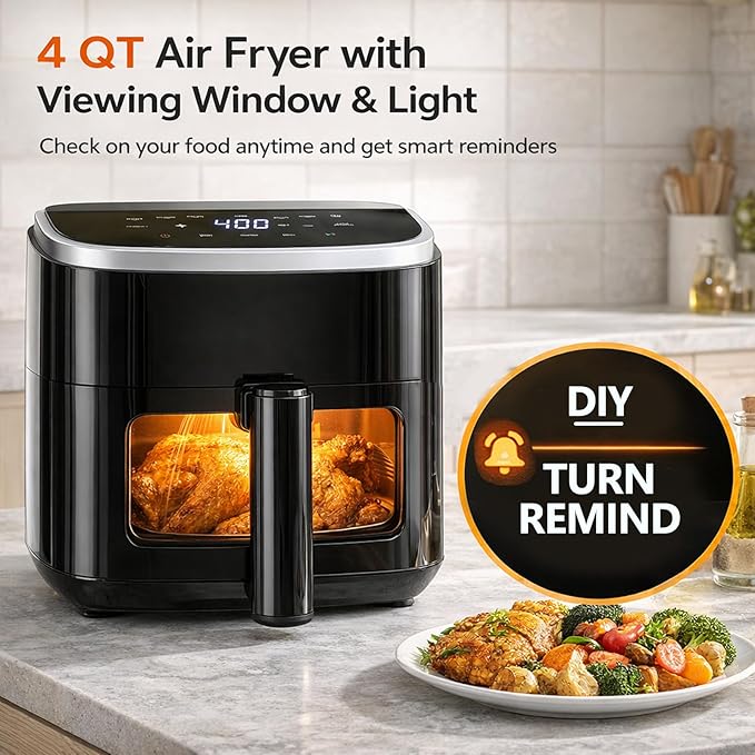 Simple Deluxe 8-in-1 Air Fryer 4 Qt, Digital Preset Airfryer with Visible Window, Nonstick and Dishwasher-Safe Basket for Chips, Bake, Wings, 60-Min Timer, 1500W, Gray
