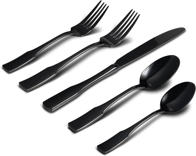 Alata Kate Black Mirror 20-Piece Silverware, Service for 4, Stainless Steel Flatware, Mirror Polished Cutlery, Dishwasher Safe