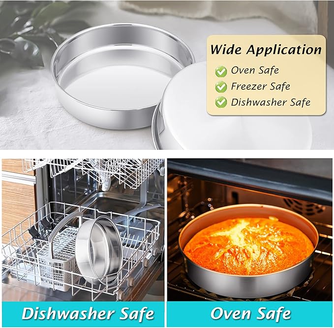 P&P CHEF 9.5 Inch Cake Pan Set of 2, Stainless Steel Round Baking Layer Cake Pans, Non Toxic & Healthy, Leak-proof & Easy Clean, Mirror Finish & Easy Releasing, Oven & Dishwasher Safe