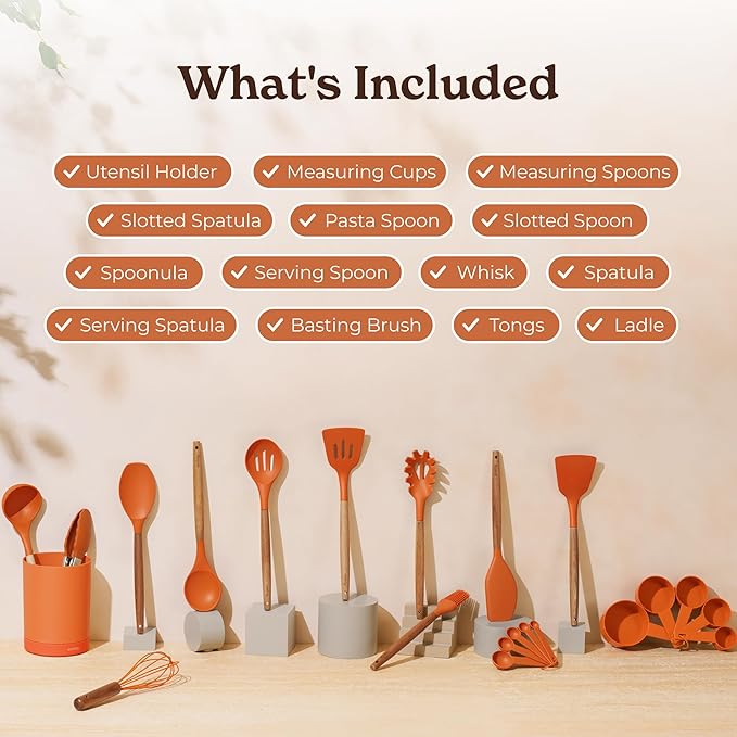 Silicone Kitchen Utensils Set & Holder: Cooking Utensils Set - Kitchen Essentials for New Home & 1st Apartment- Silicone Spatula Set, Cooking Spoons for Nonstick Cookware (Acacia Wood, Oange)