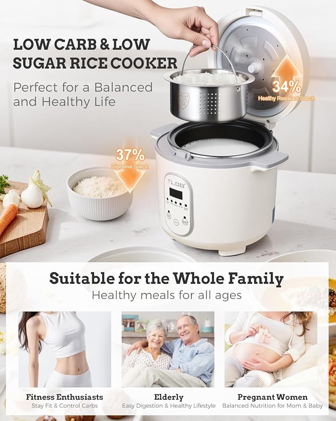 TLOG Low Carb Rice Cooker 2L(8 Cups Cooked), Low Sugar Healthy Rice Maker with 304 Stainless Steel Steamer Basket, 5 Cooking Presets, 24H Timer & Keep Warm Function